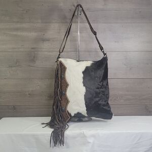Myra Bag Fringe Leather Hair On Hide Concho Crossbody Shoulder Bag Tote